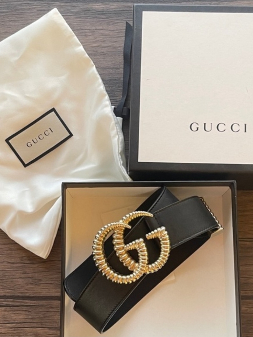 Gucci Black Leather Double G Buckle Belt 65CM